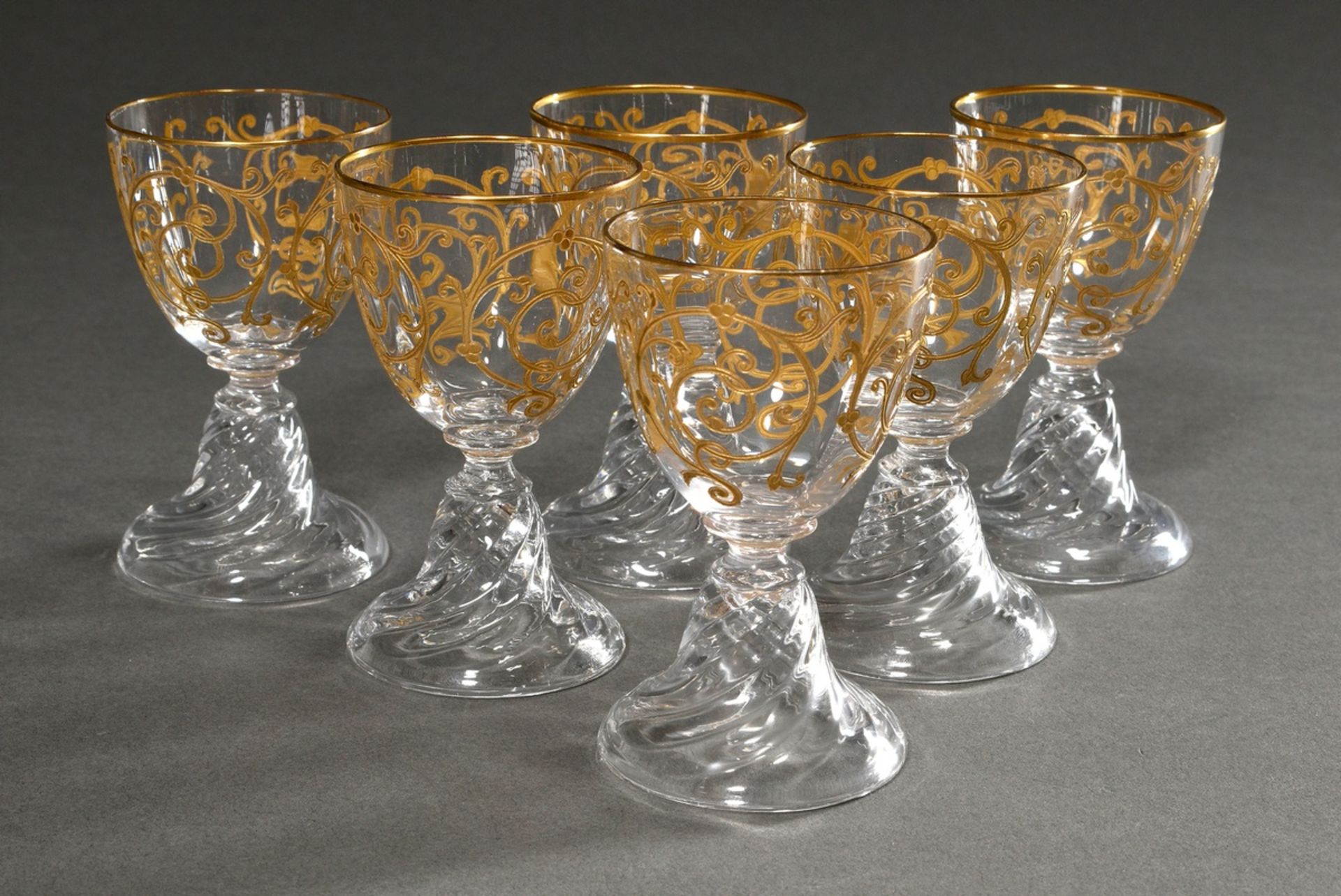 6 Saint Louis glasses with egg-shaped bowl and circumferential gold tendril painting over a curved 