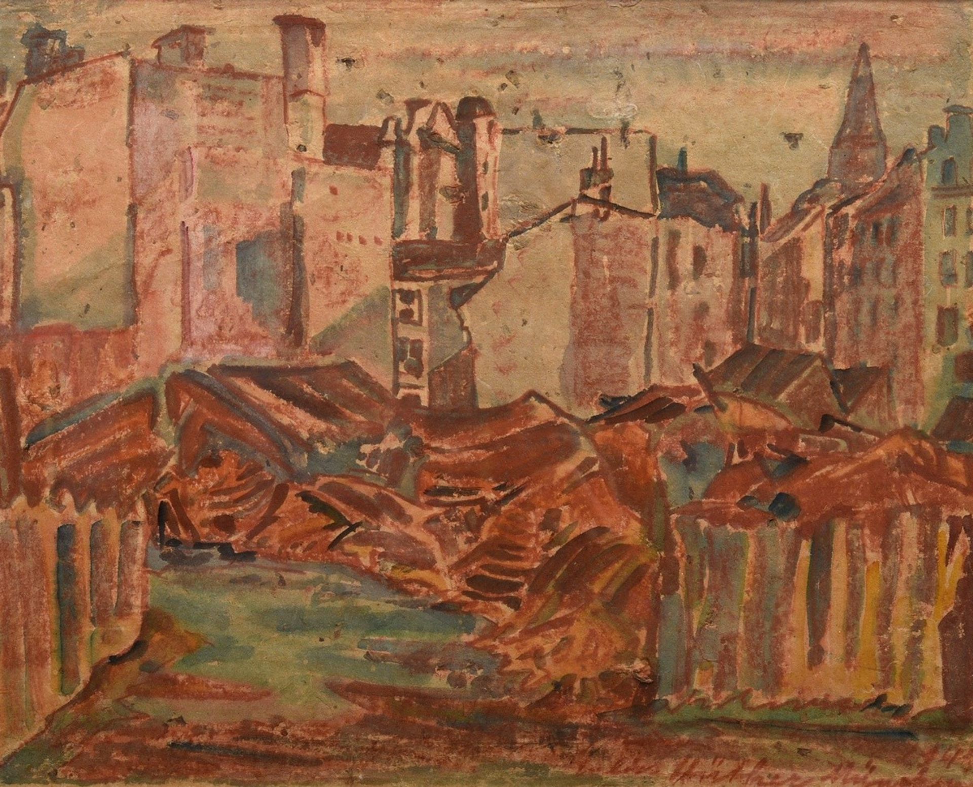 Hüther, Julius (1881-1954) "Houses and Ruins" (probably Munich) 1945(?), watercolour/coloured penci