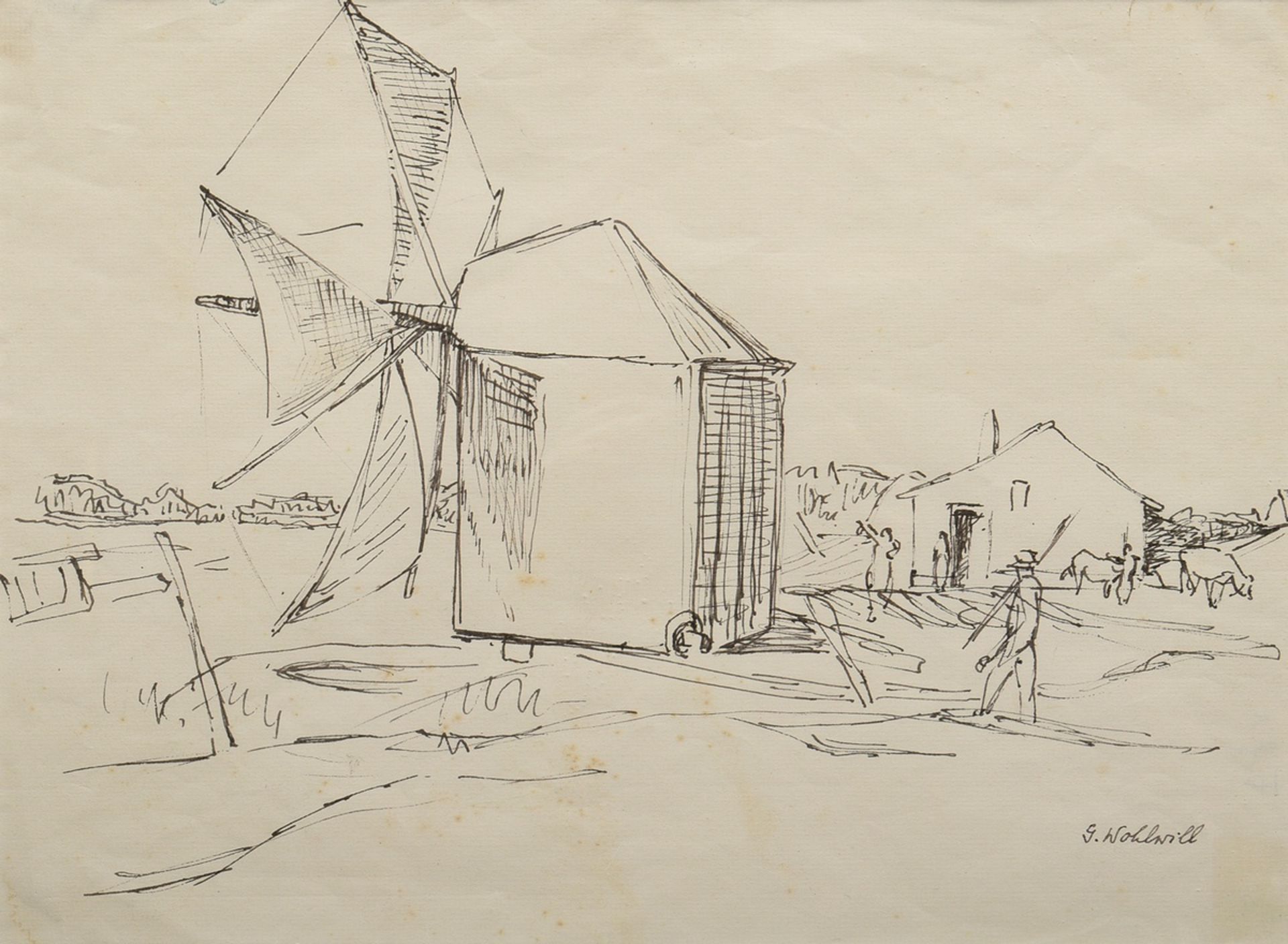 Wohlwill, Gretchen (1878-1962) "Village with windmill" (Portugal), ink, sign. b.r., 23x31,7cm (w.f.