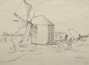 Wohlwill, Gretchen (1878-1962) „Dorf mit Windmühle“ (Portugal), Tinte, u.r. sign., 23x31,7cm (m.R.