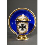 Patriotic KPM war cup in tall cylindrical form with broad polished gilding and a bright blue ground