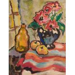 Monogramist TS "Floral Still Life with Bottle and Apples" 20th c., watercolour, sign. lower right, 