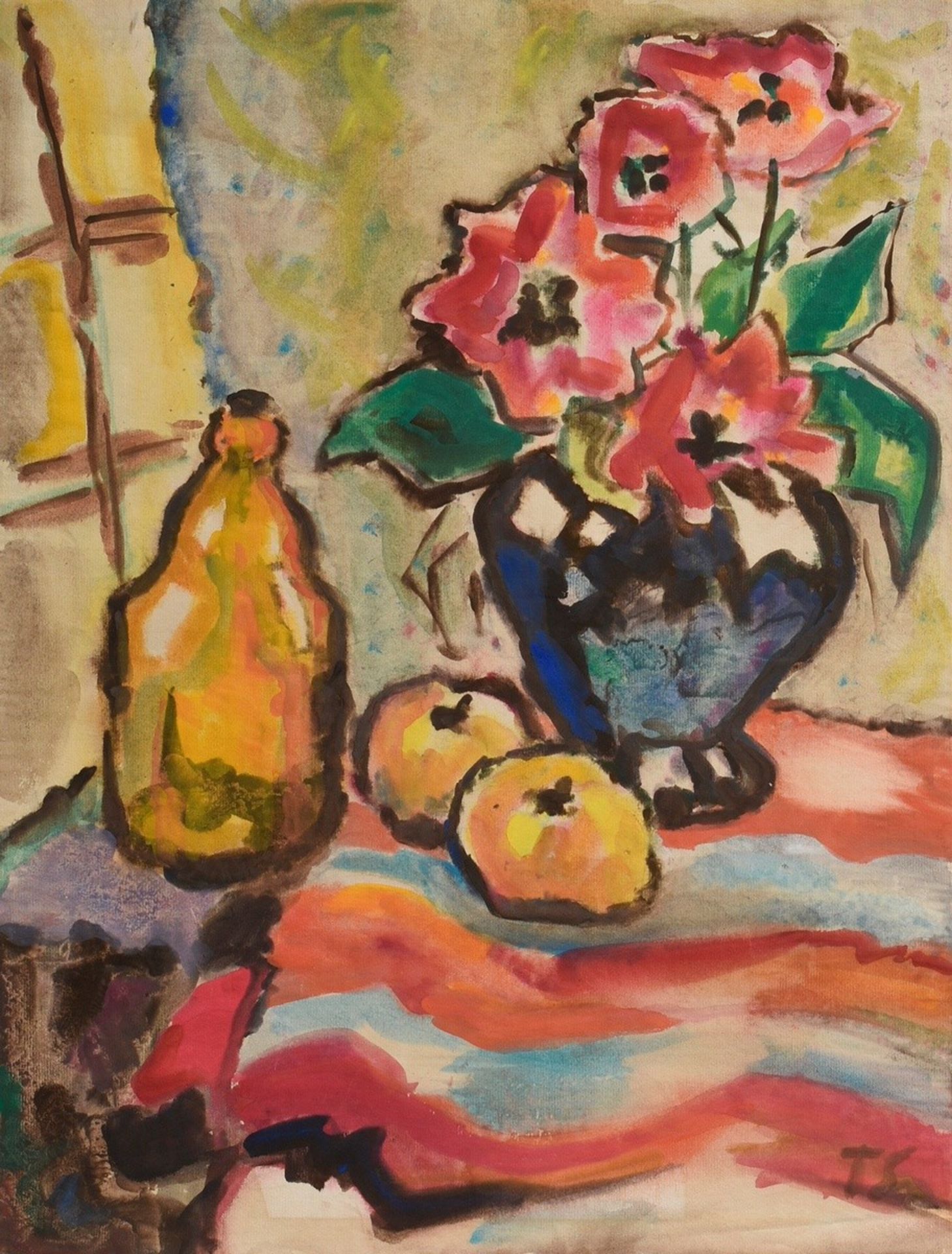 Tesdorpf-Edens, Ilse (1892-1966) "Blumenstillleben mit Flasche und Äpfeln", Aquarell, u.r. monogram