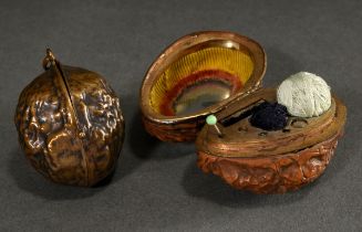 2 Various boxes in walnut shape: bronze mirror case (h. 4.6cm) and sewing case in real walnut shell