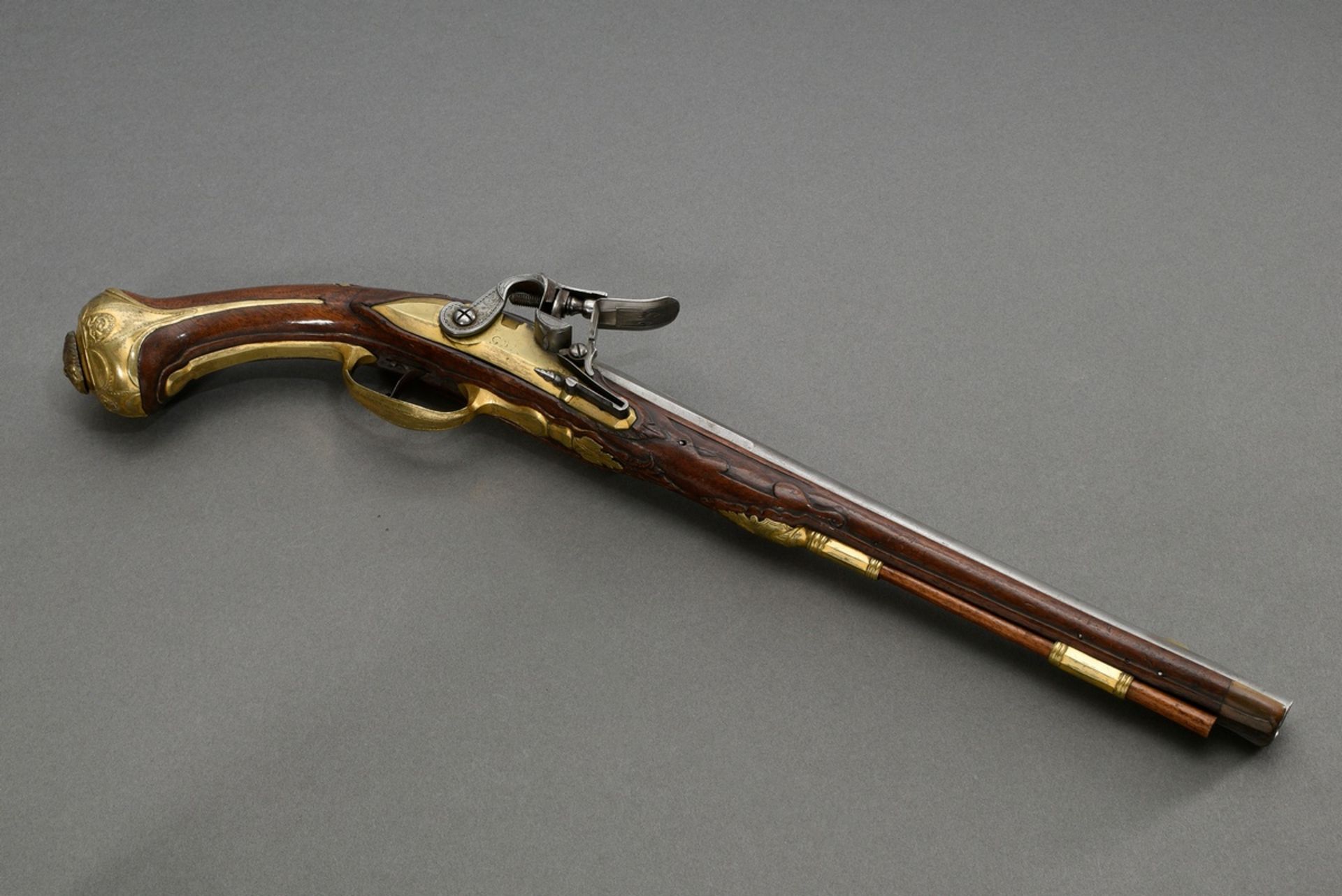 Muzzle loading flintlock cavalry pistol with iron barrel and brass gilt, finely engraved fittings " - Image 2 of 21