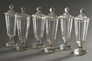 6 slender lidded jars with surface cut on a conical bowl and octagonal foot, around 1900, h. 21.5-2