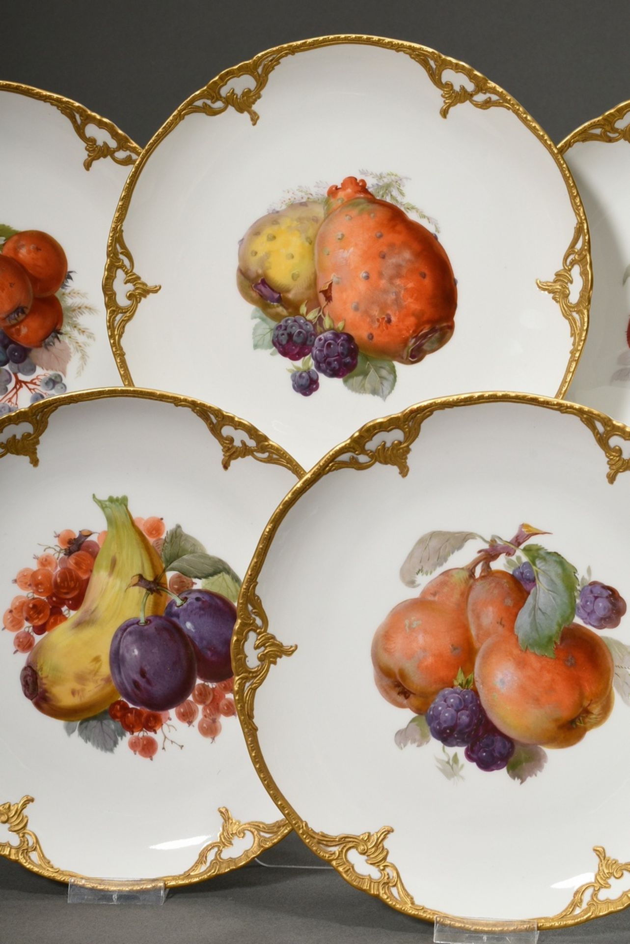 7 Various KPM plates with gilded relief bisque porcelain Rocaille rim, polychrome soft painting "fr - Image 6 of 14