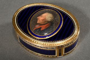 Oval snuff box with a fine portrait of "Frederick II of Prussia" on the lid and blue guilloché enam