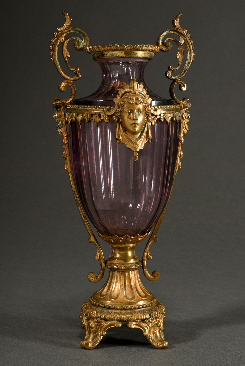 Faceted amethyst glass vase with historicised ormolu mounting and mascarons, c. 1880, h. 25.2cm