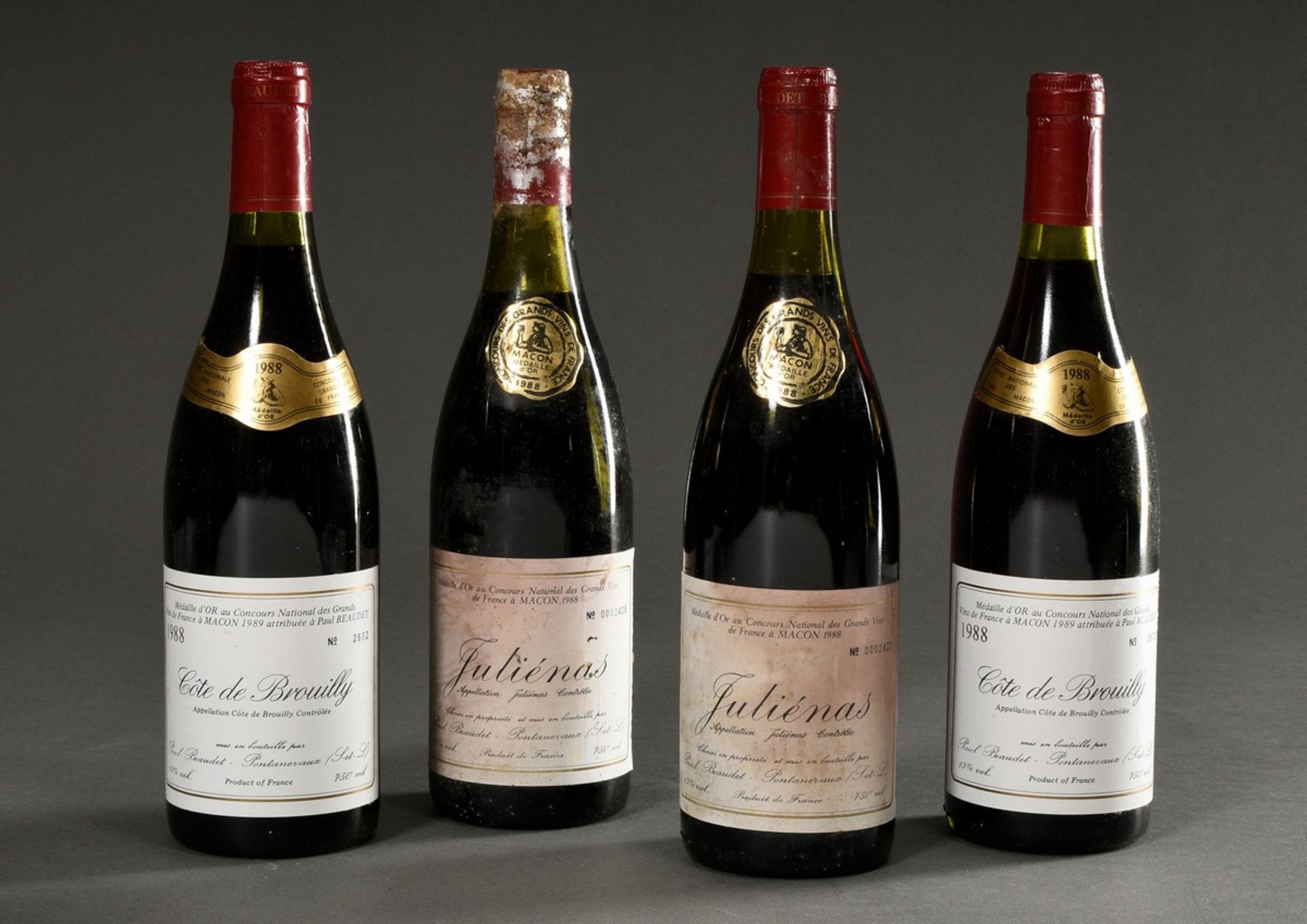4 Bottles: 2x 1988 Cote de Brouilly and 2x 1988 Julienas, Paul Beaudet, Burgundy, France, 0.75l, la