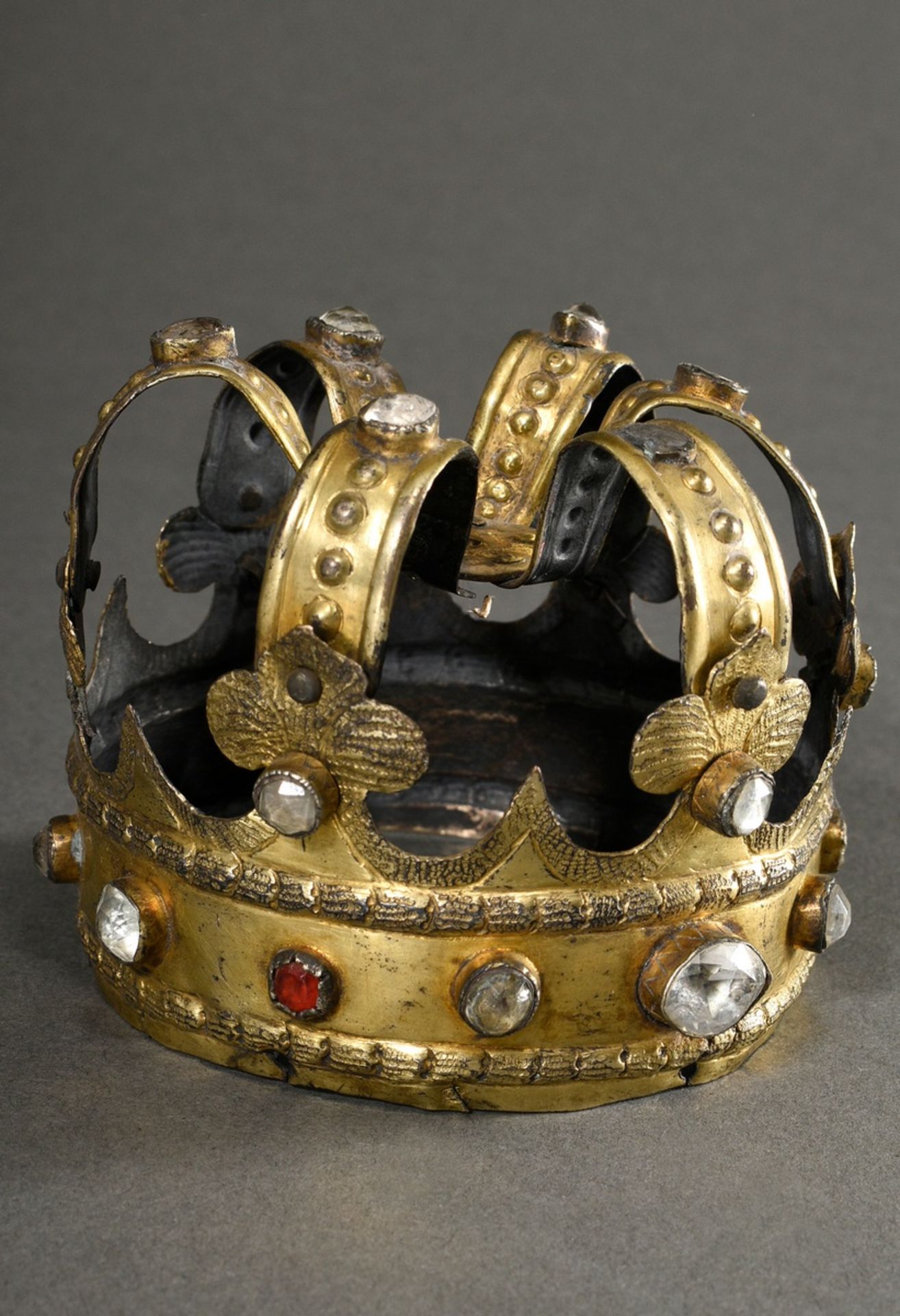Antique crown of the Virgin Mary with glass stones, probably South German, 19th century, gilt metal