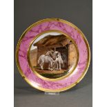 Plate with polychrome painting "Two Horses in a Stable" in the mirror and purple marbled rim with g