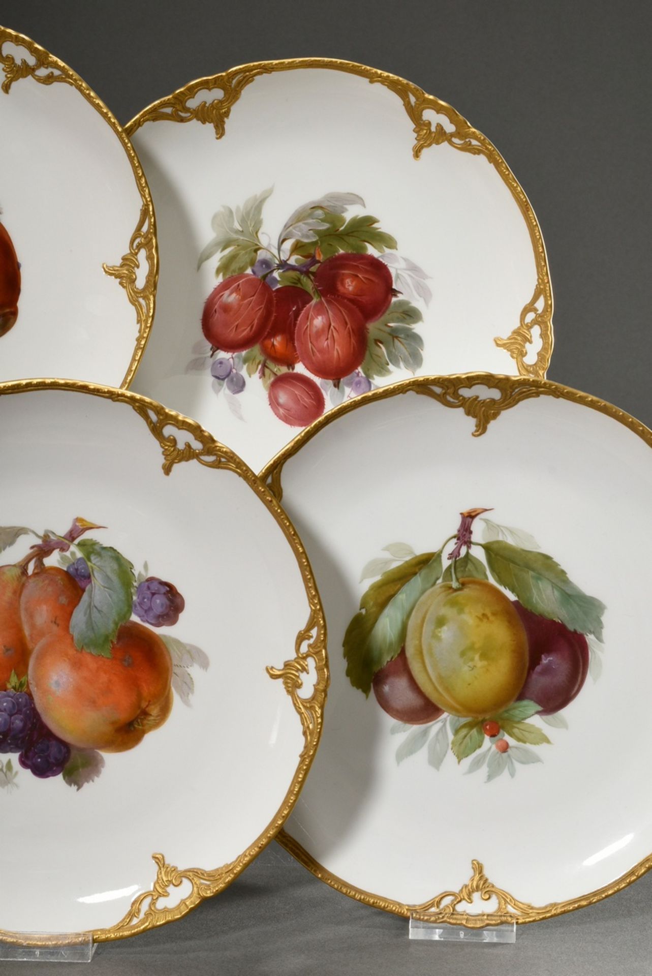 7 Various KPM plates with gilded relief bisque porcelain Rocaille rim, polychrome soft painting "fr - Image 7 of 14