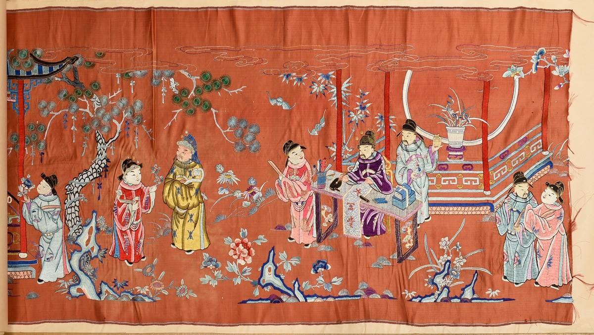 Chinese silk wall hanging with detailed flat embroidery in polychrome silk and gold threads "Audien - Image 2 of 14