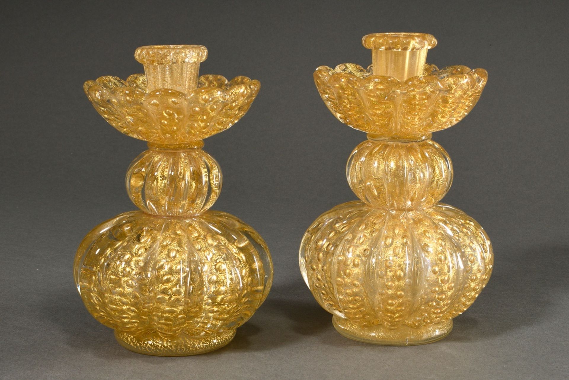 Pair of Barovier & Toso candlesticks in double baluster form, colourless crystal glass with melted  - Image 2 of 4