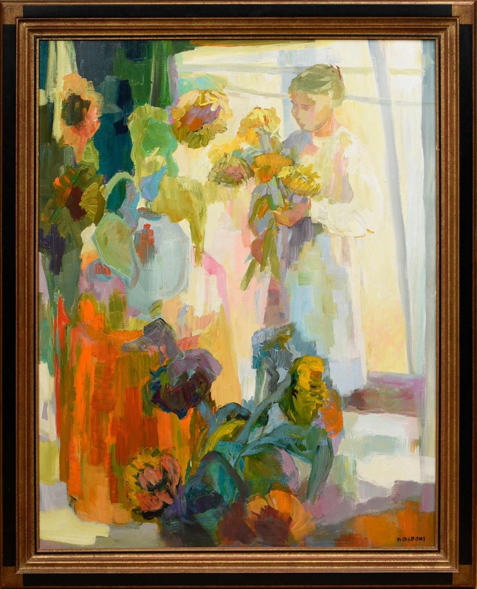 Baroni, Monique (1930-2016) "Les Soleils" (Young woman arranging sunflowers), oil/canvas, sign. low - Image 2 of 4