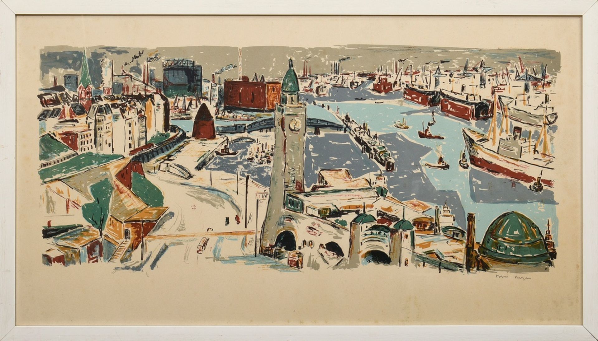 Hops, Tom (1906-1976) "Hamburg Harbour", colour lithograph, sign. b.r., verso adhesive label "Kunst - Image 2 of 3