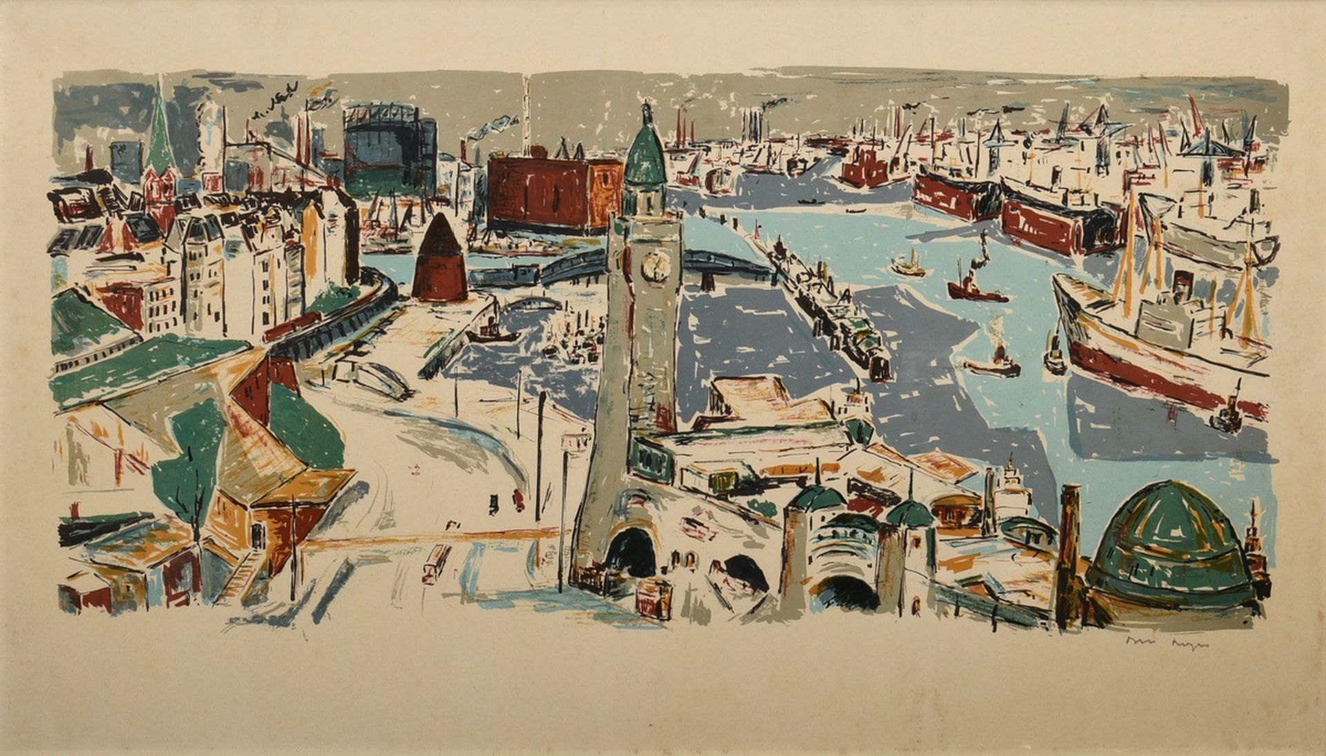Hops, Tom (1906-1976) "Hamburg Harbour", colour lithograph, sign. b.r., verso adhesive label "Kunst