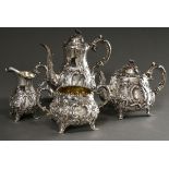 4 Teile viktorianisches Kaffee-Tee-Set mit opulent getriebenem Floraldekor und graviertem Family Cr