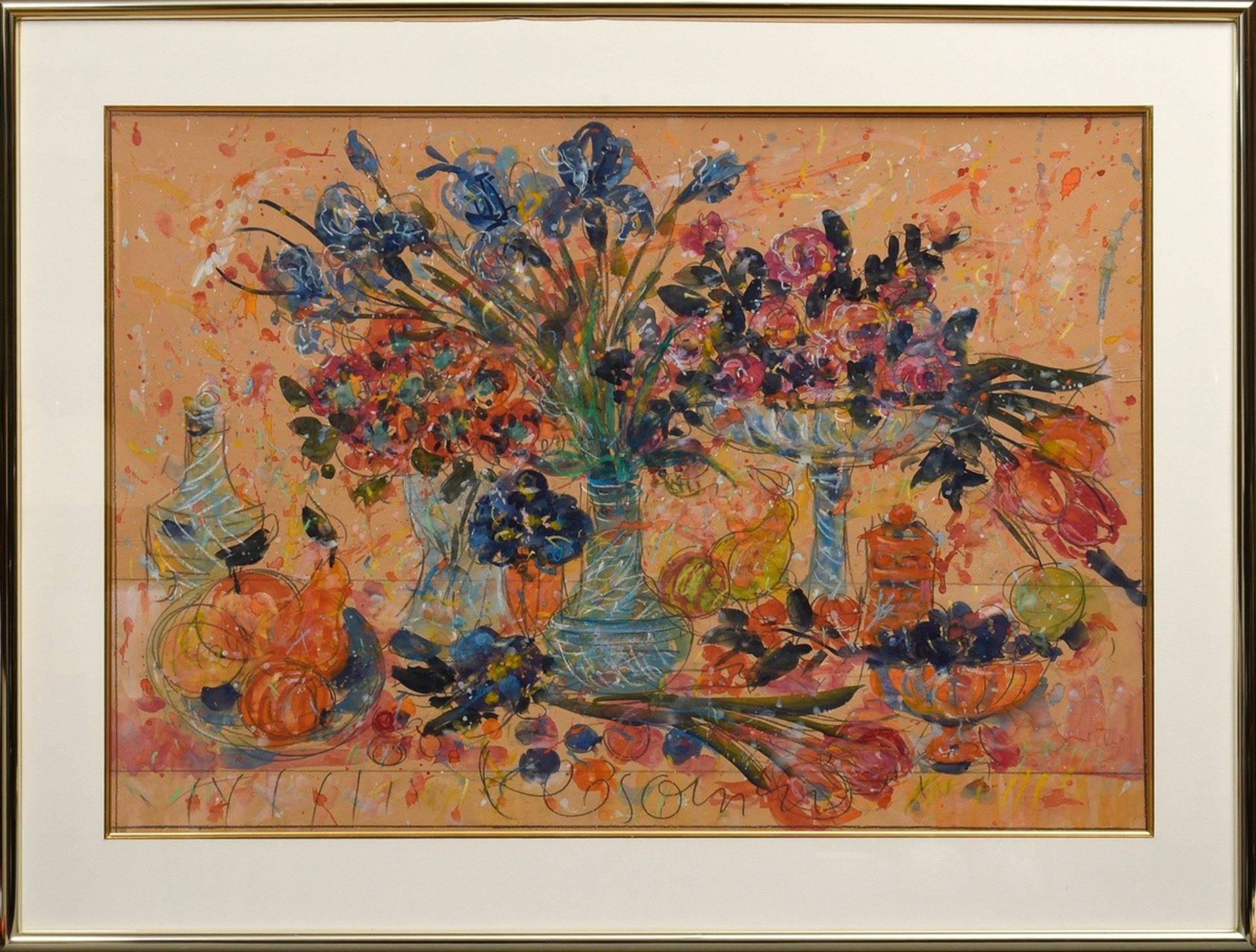 Klosowski, Alfred (*1927) "Still life with flowers, vases and fruits", watercolour/pastel crayon on - Image 2 of 3