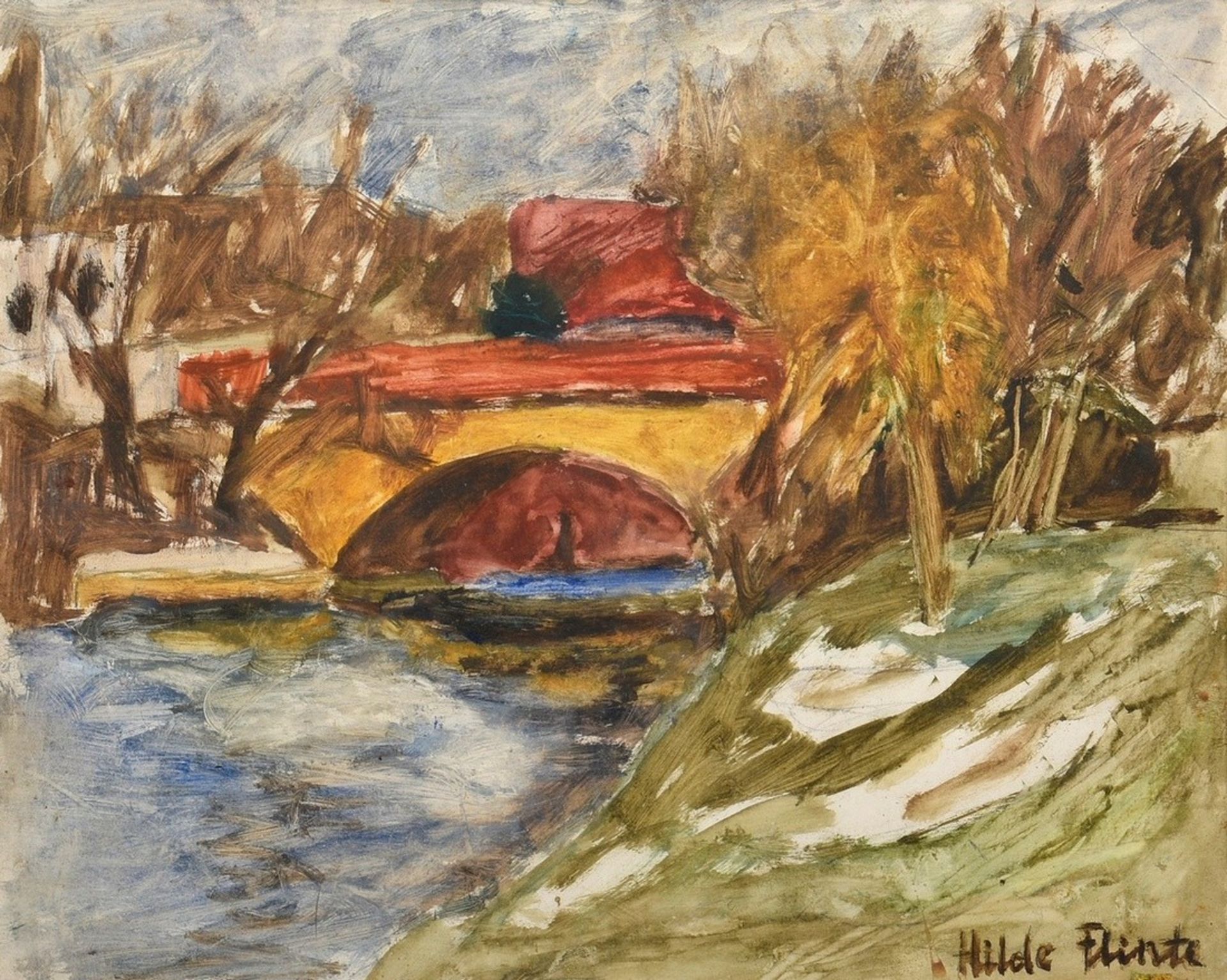 Flinte, Hilde (1923-1995) "Bridge in Hamburg", watercolour/pencil, sign. b.r., 28,5x35,7cm (w.f. 53