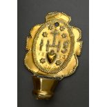 Small brass wall holy water basin with embossed Christ monogram "IHS" and Heart of Jesus, dat. 1813