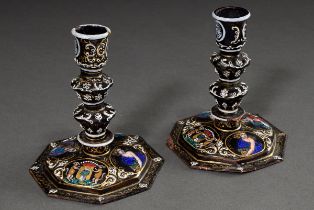 Pair of Limoges copper candlesticks on an octagonal base with four polychrome enamel medallions "My