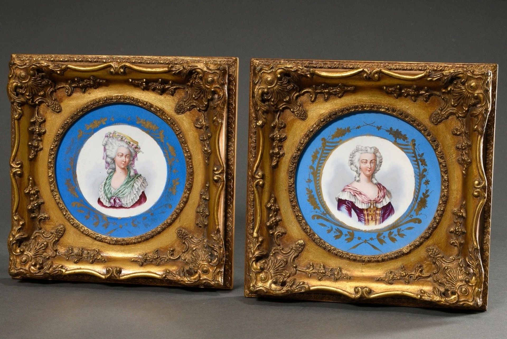 Pair of panels with Sevre's painting "Ladies in Louis XVI Costumes" on turquoise ground with gold d