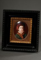 Sapène, Marie (?) enamel plaque "Portrait of a lady in coat with feathered hat", b. signed/.crabbed