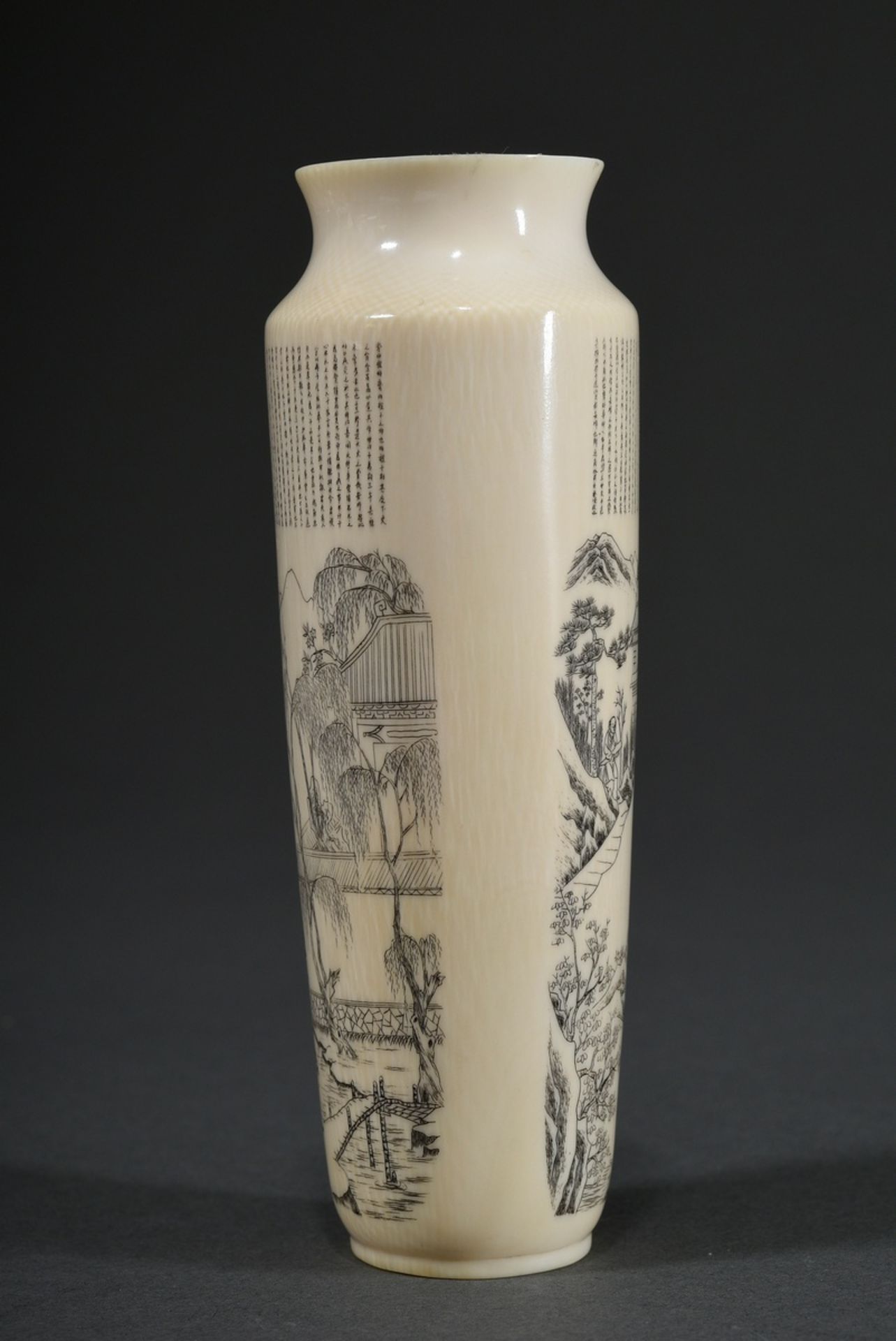 Elfenbein Vase mit langem Gedicht in Miniatur Schrift und 2 Szenen mit Gelehrten in Gebirgslandscha - Bild 3 aus 11