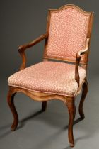 Baroque armchair with deep seat and curved backrest, oak with leopard upholstery in shades of red, 