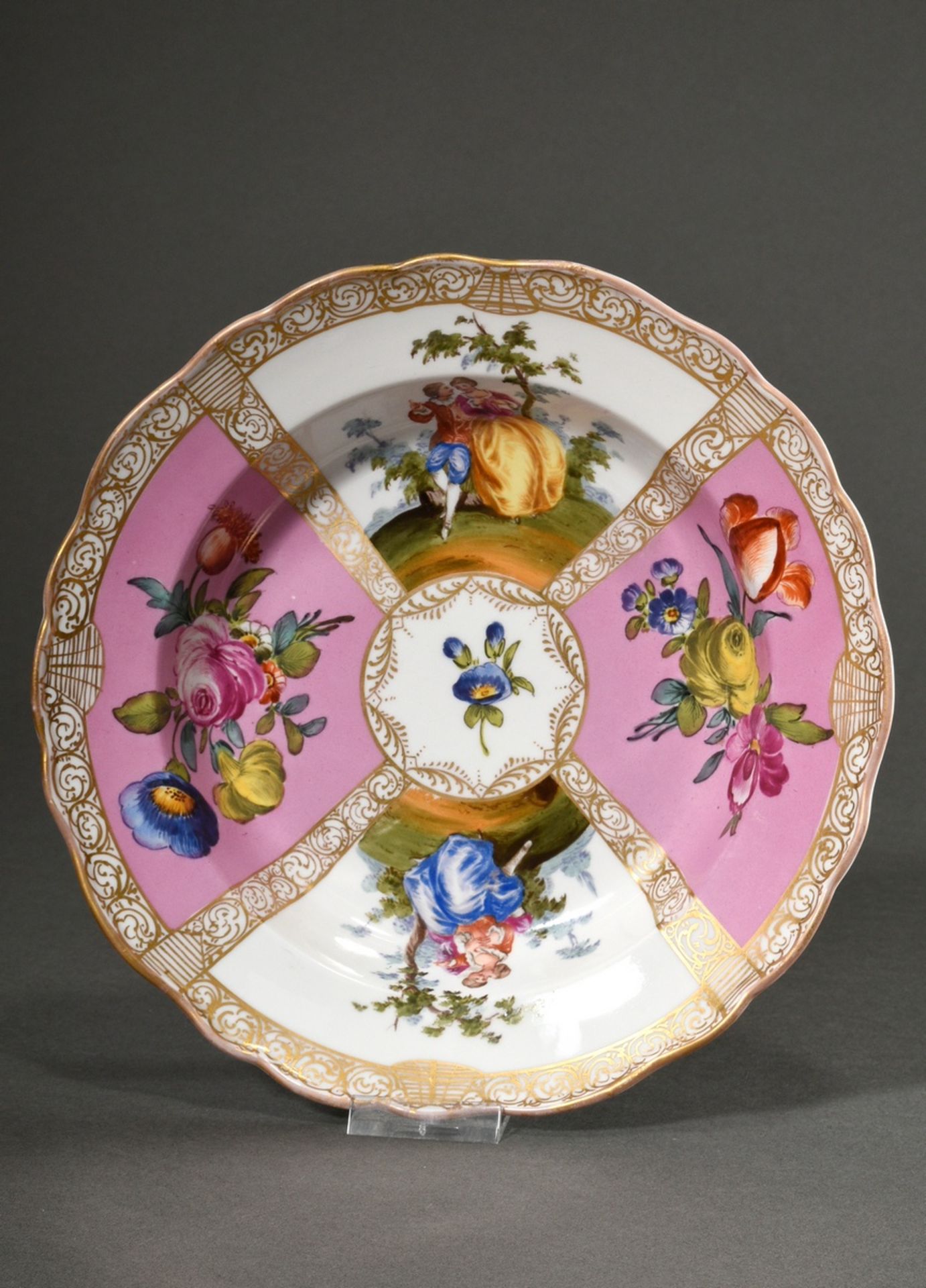Meissen plate "Lovers" with watteau painting on rosé fond, probably house painting, Ø 23cm, 19th c. - Image 4 of 6