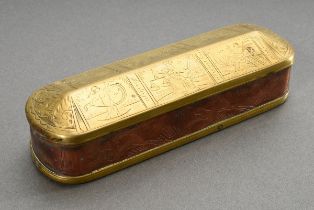 Dutch tobacco box with roof-shaped brass hinged lid and engraved depiction of the virtues, copper s