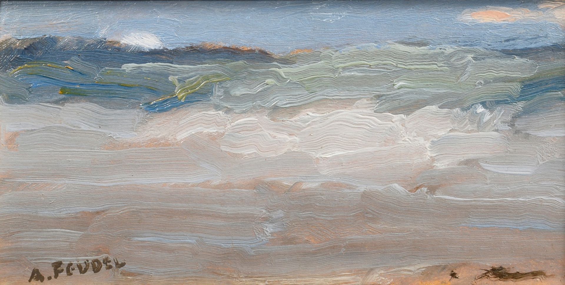 Feudel, Arthur (1857-1929) "Katwijk", oil/wood, sign. lower left, Berlin frame, 11.3x21cm (w.f. 17x