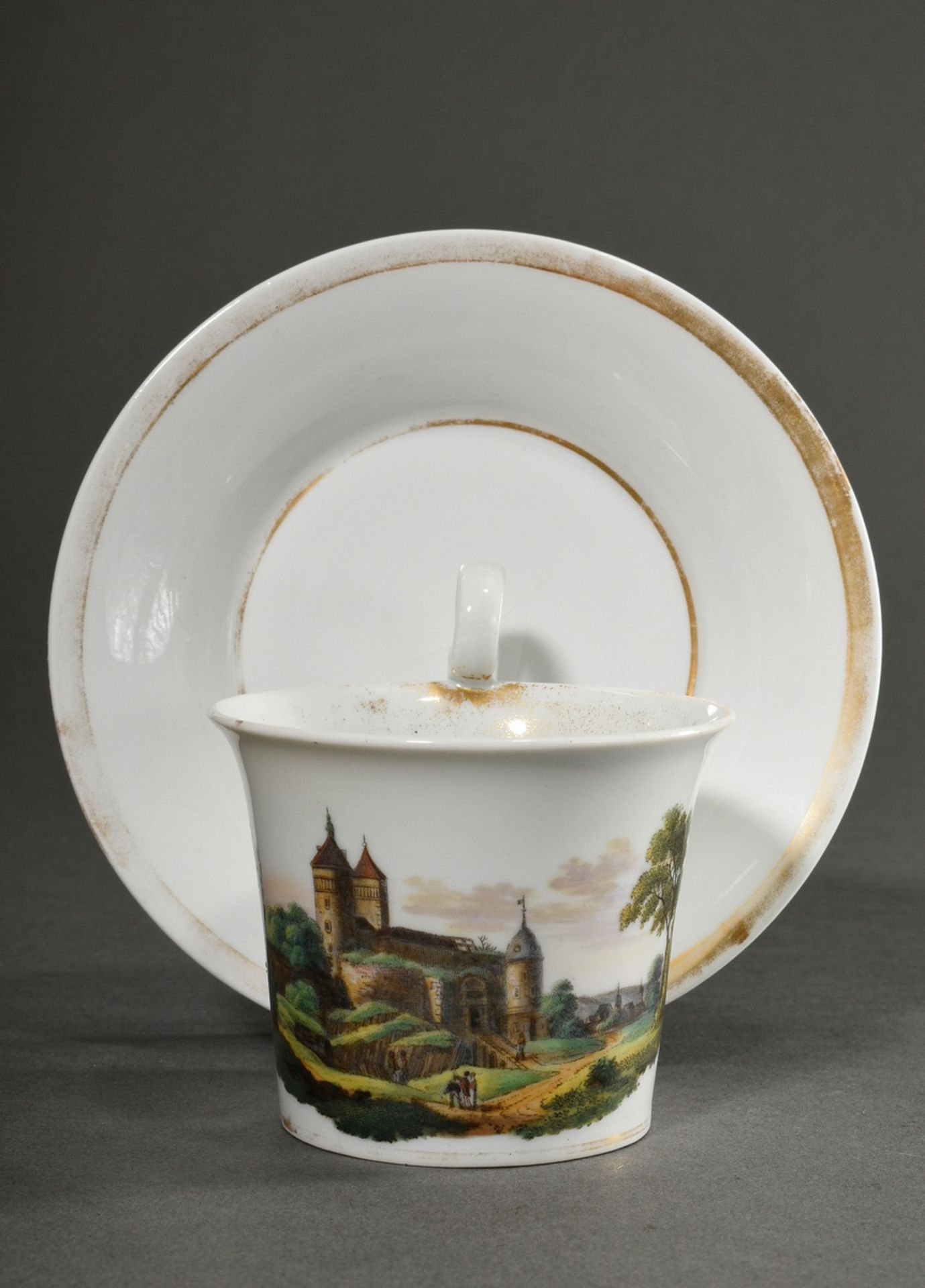 Meissen Biedermeier cup/saucer with flawless depiction of "Stolpen", 19th c., h. 9cm, rubbed gold r - Image 2 of 6