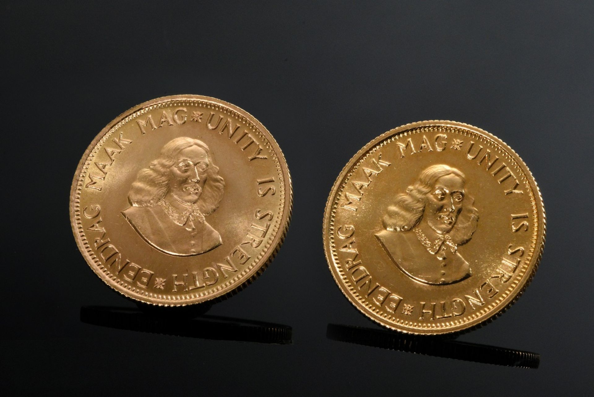 2 Yellow gold 916 "2 Rand Krugerrand" coins, 1966 and 1967, South Africa, total 16g, Ø 2.2cm - Image 2 of 2