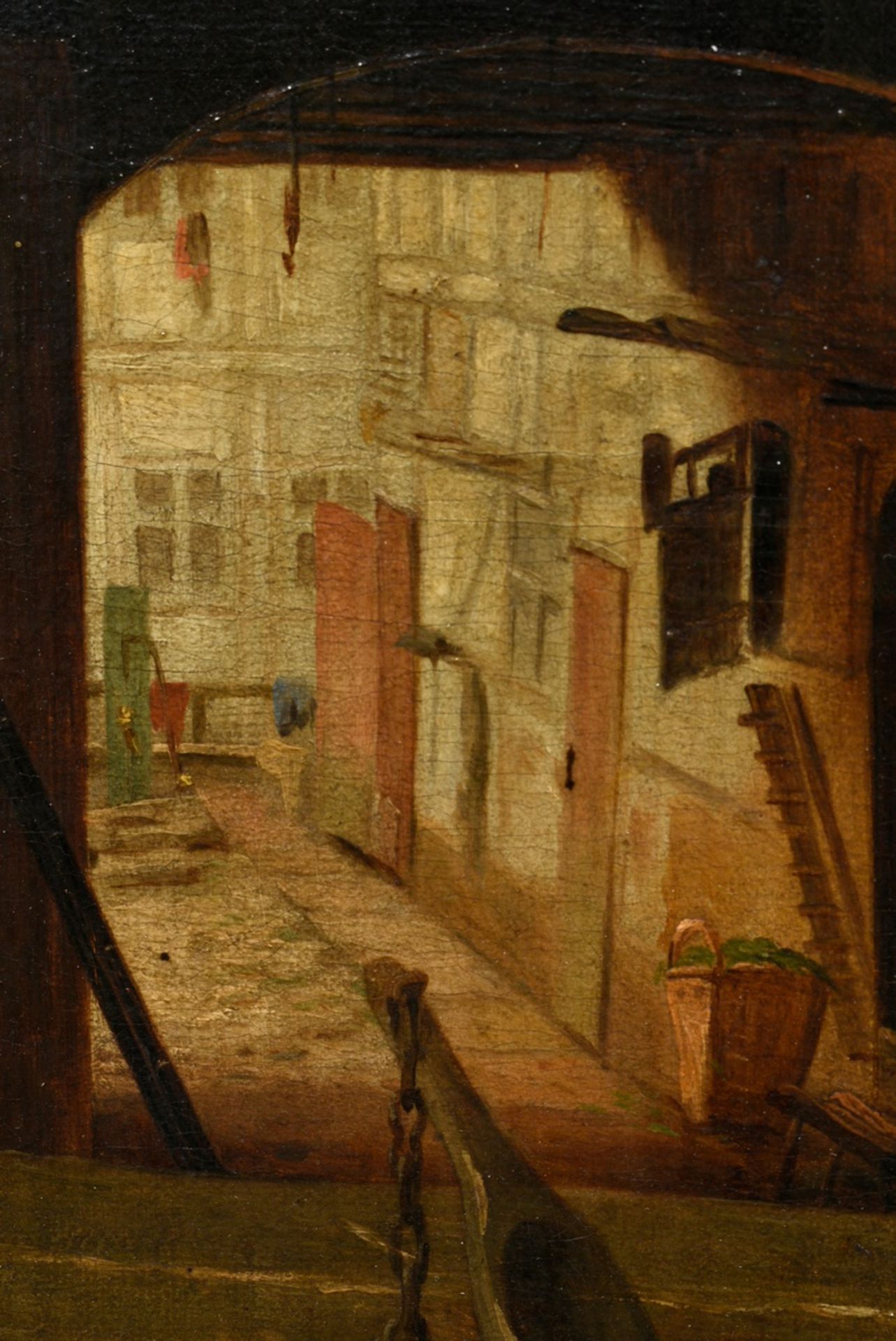 Unknown artist of the 19th c. (Lip?) "View into a workshop courtyard" 1878, oil/canvas mounted on c - Image 3 of 6