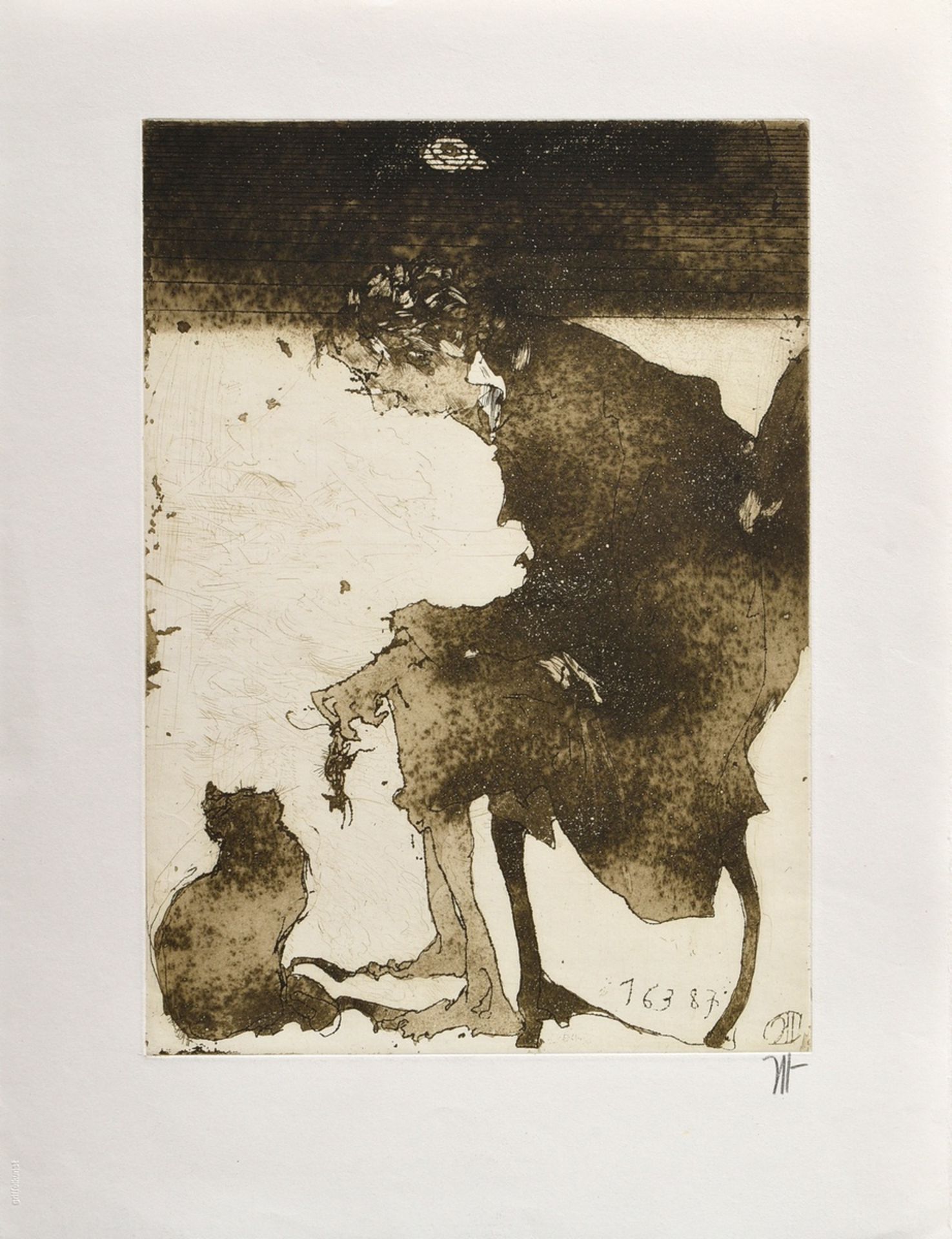 Janssen, Horst (1929-1995) "Morgen-Lydia (Self with cat)" 1987, etching, Griffelkunst, sign. lower  - Image 2 of 3