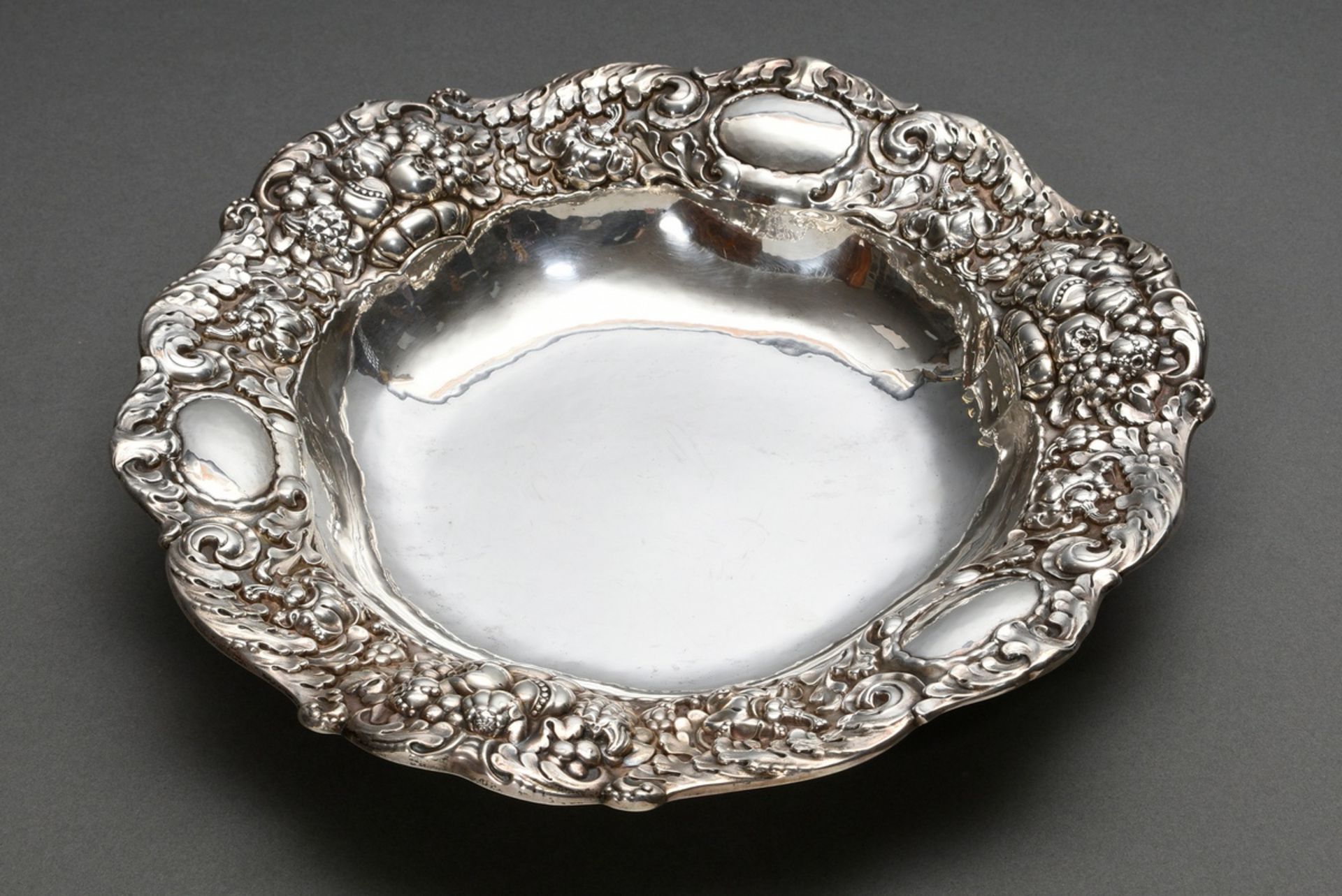 Plate with richly embossed rim "Fruits and leaves", around 1930/50, MM: P. Jahn, No. 11989, silver 