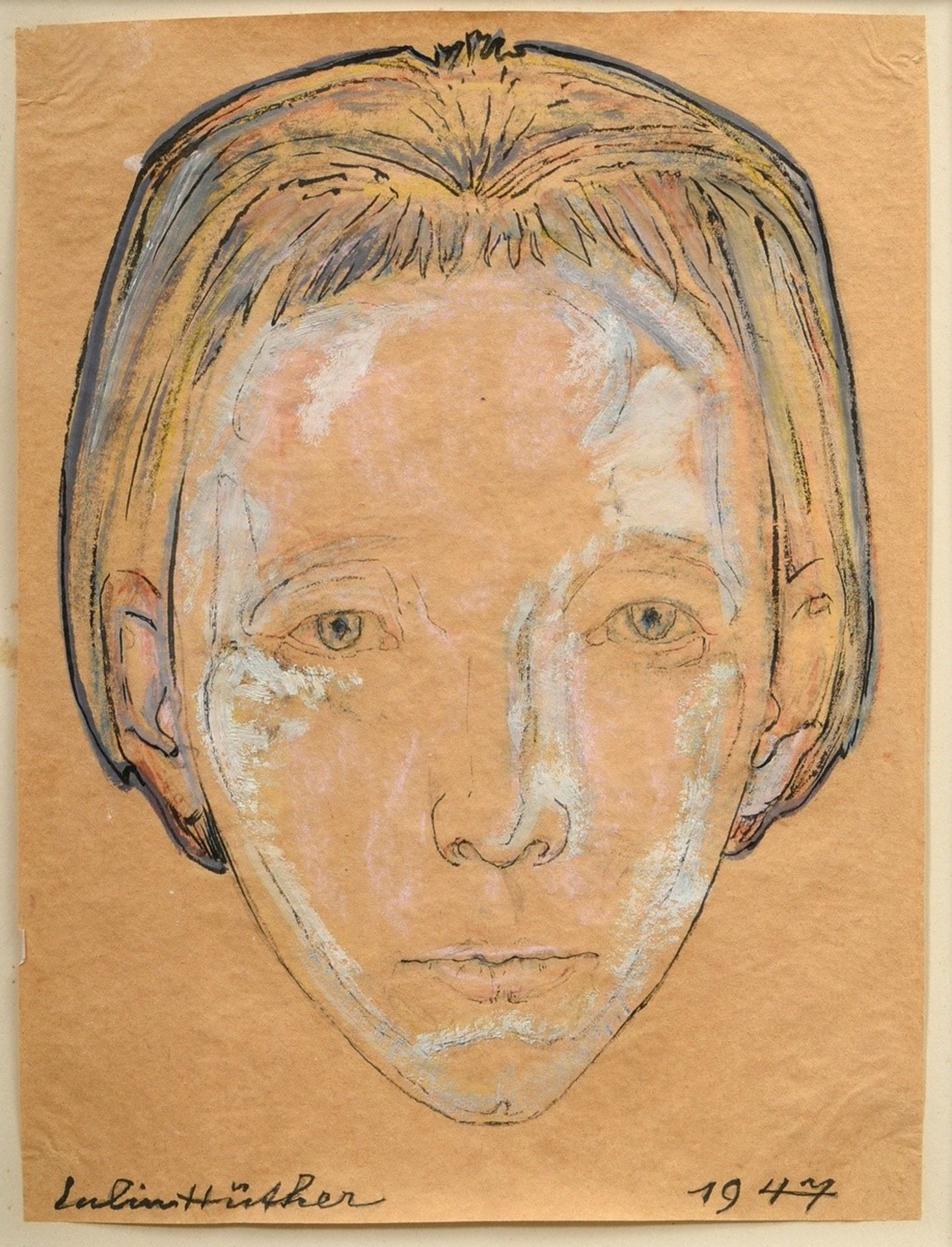 Hüther, Julius (1881-1954) "Portrait of a woman with fringe hairstyle" 1947, gouache/pencil/ink, si