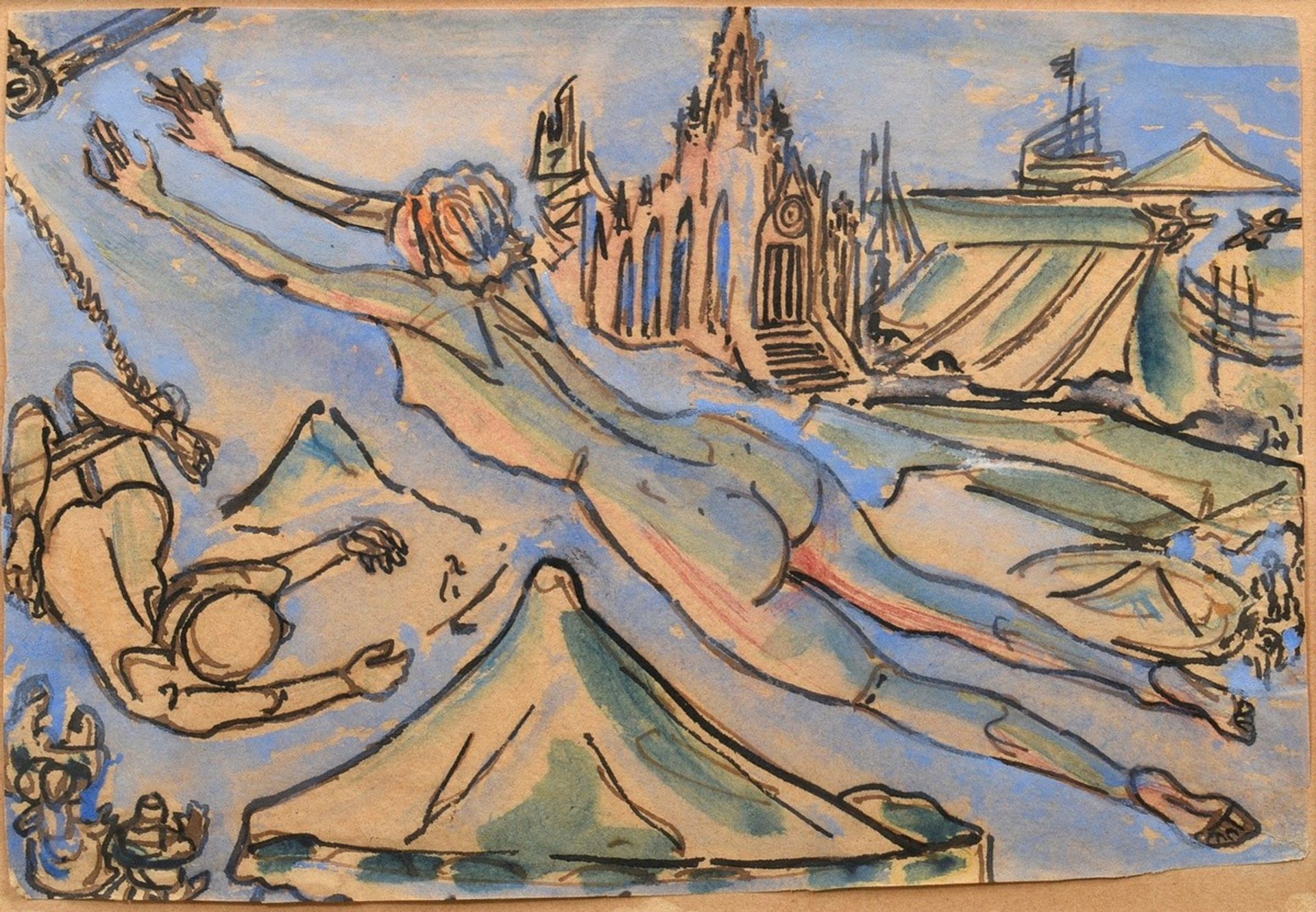 Hüther, Julius (1881-1954) "Trapeze artist at the Auer Dult" (floating nude)", ink/watercolour, fre