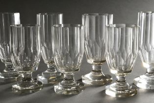 8 Various rustic glasses in different shapes with facet cut on octagonal feet, c. 1900, h. 15-17.5c