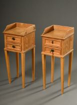 Pair of delicate bedside cabinets with a two-tiered body on high pointed legs, softwood painted ora