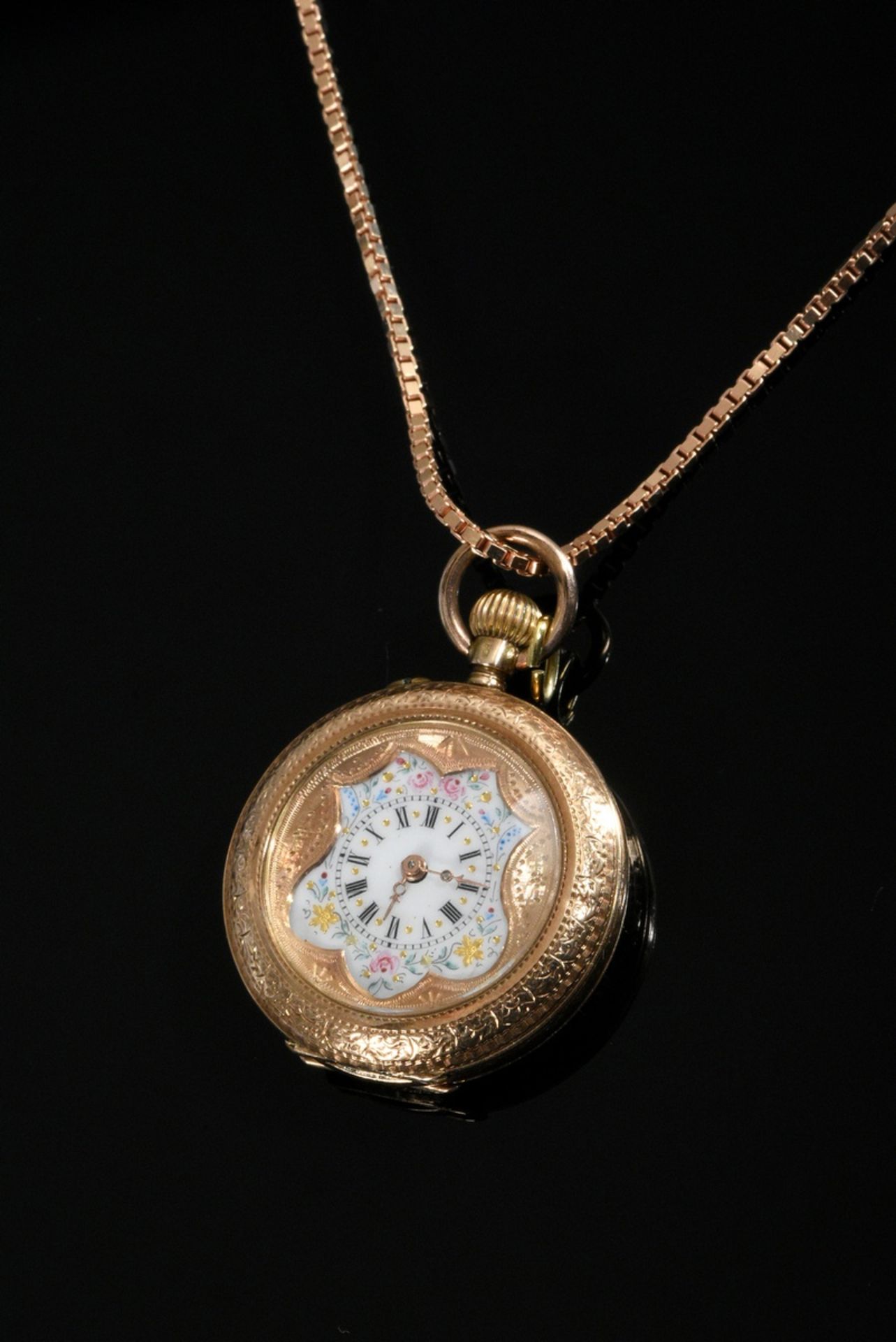 Red gold 585 ladies' savonette, cylinder movement, enamel dial with flowers and Roman numerals (24. - Image 3 of 6