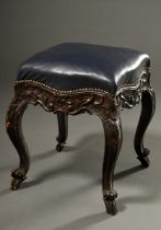 Square stool with richly carved frame in baroque style and dark blue leather upholstery, 46x42x42cm