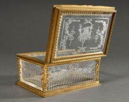 Rectangular crystal box with fine fire-gilt mounting and floral cut on all sides, around 1900, 9x18