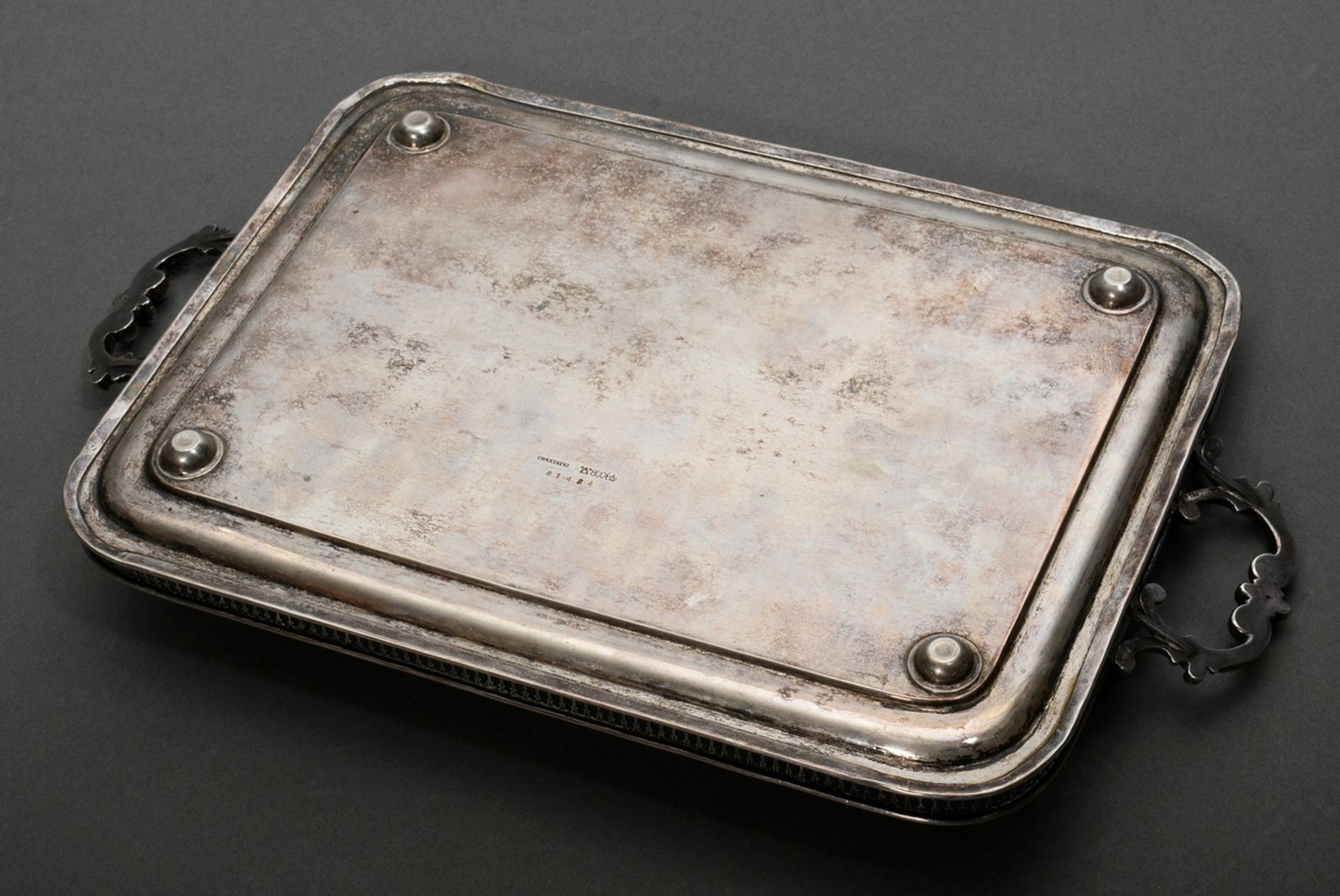 Rectangular historism tray with lattice rim and floral engraved plate, W. Lameyer, silver 800, 612g - Image 4 of 5
