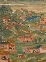 Thangka „Buddhistische Legenden“, sehr feine detaillierte Darstellung aus der Vogelperspektive, Aqu