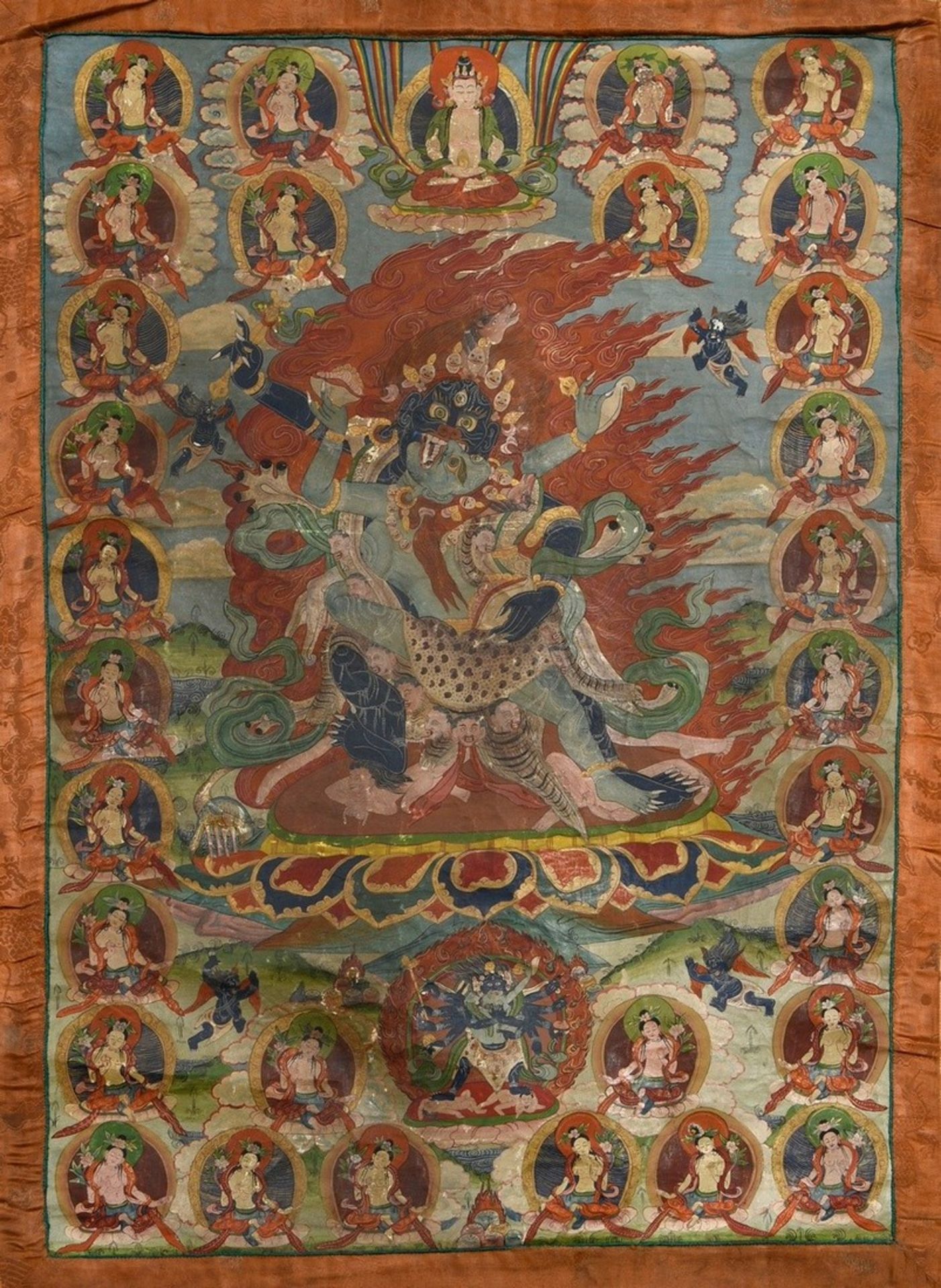 Thangka „Dharmapāla Mahākāla (?) vor Flammenaureole (blaue Körperfarbe und drei Augen) mit hellblau - Bild 2 aus 13