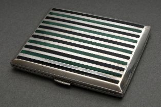 Art Deco Zigarettenetui mit emaillierten Streifen in schwarz und grün, verso Wappengravur, Silber 9